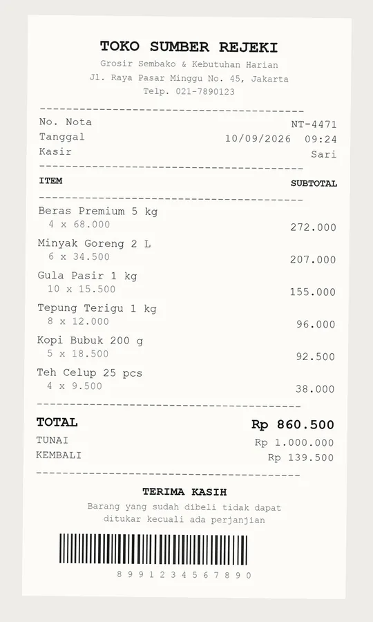Foto struk belanja dari toko grosir dengan enam baris barang dan total Rp 860.500