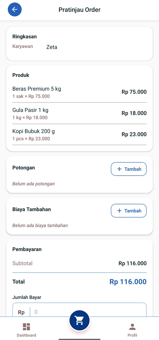 Pratinjau order Omzeta berisi rincian produk, subtotal, dan total Rp 116.000 sebelum pembayaran