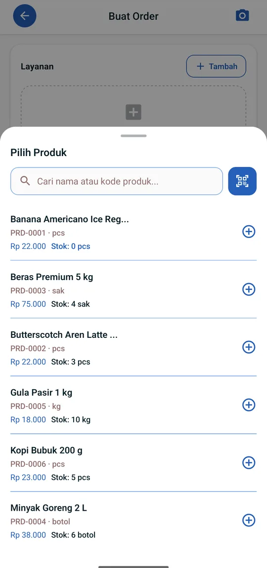 Daftar produk Omzeta beserta kode, harga jual, dan sisa stok tiap barang