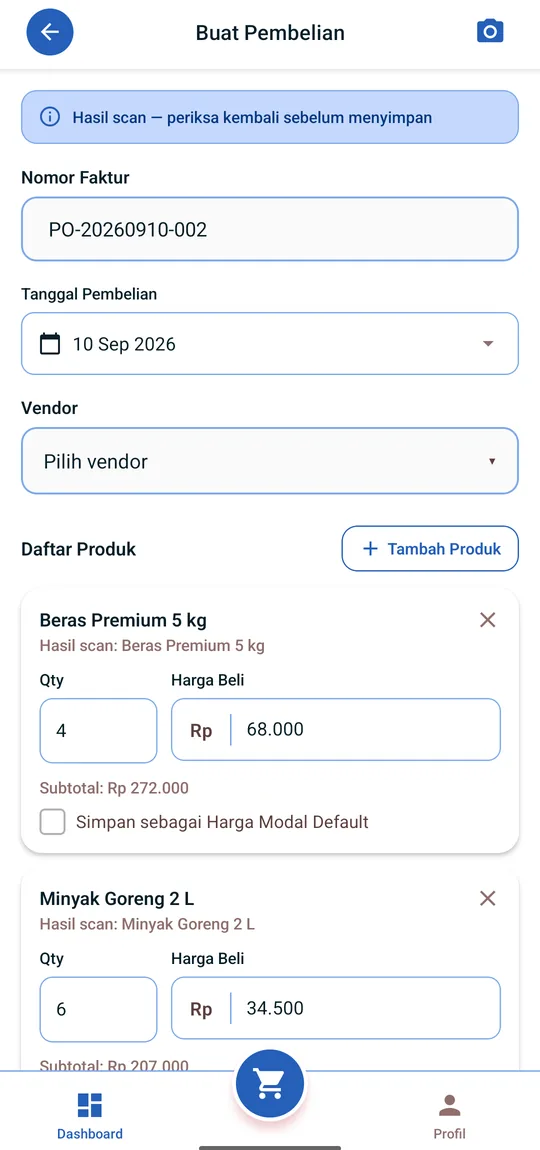 Layar pembelian Omzeta setelah struk dipindai: item, jumlah, dan harga beli sudah terisi otomatis