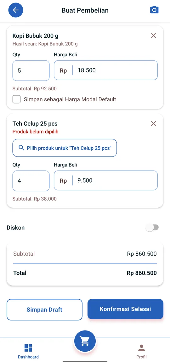 Ringkasan hasil scan struk dengan total Rp 860.500 sama persis dengan struk aslinya